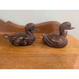 Pair Vintage Hand Carved Ironwood Duck Figurines Textured Head Hecho en Mexico